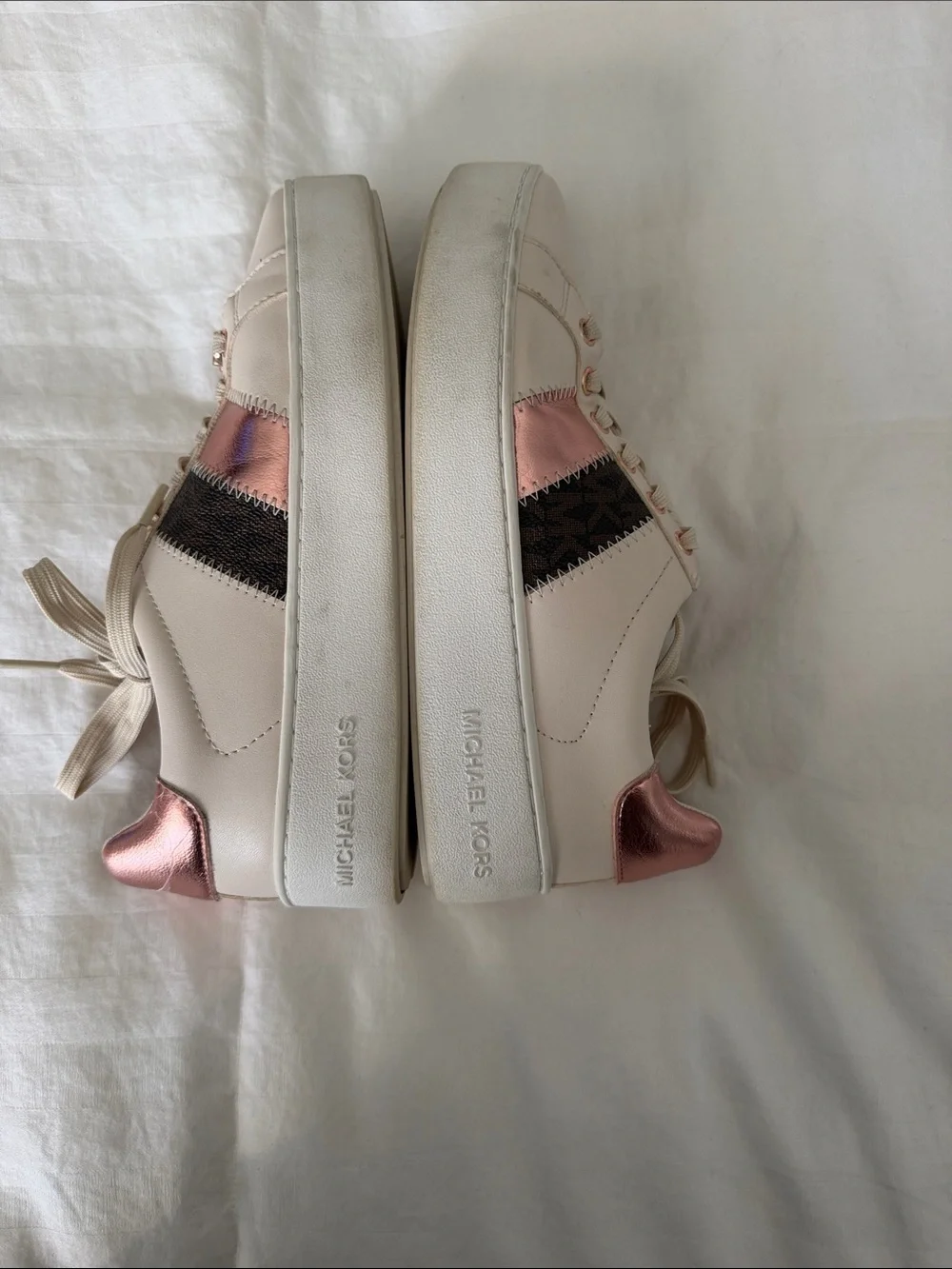 Michael Kors Cream Leather Sneakers with Rose Gold and Black Accents